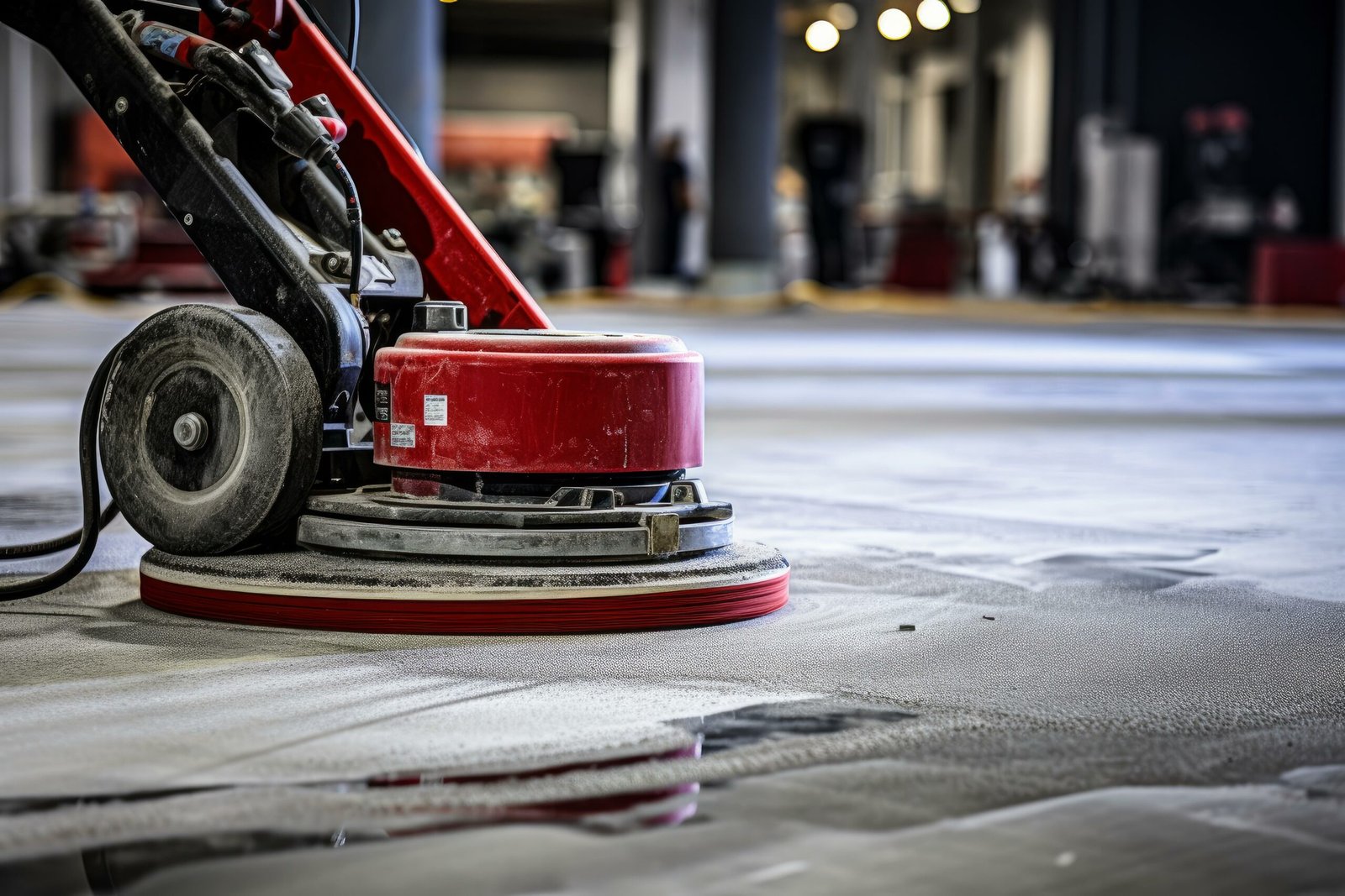 Floor cleaning machine smoothing concrete surface in large industrial hall