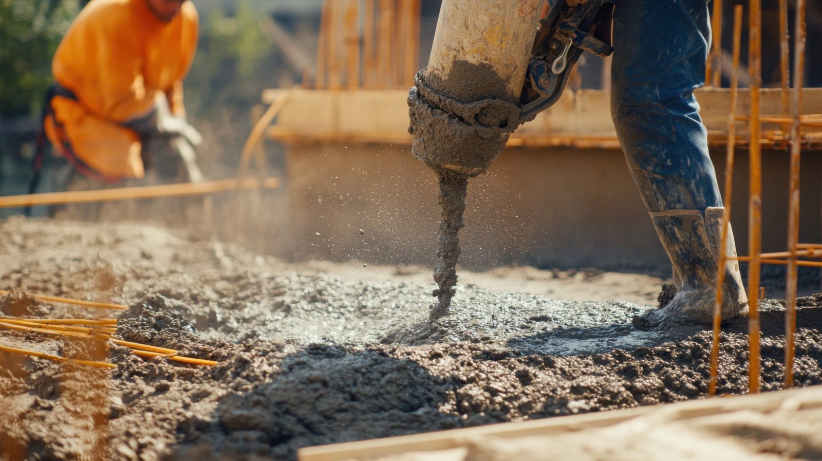 A detailed shot of a concrete pump operator directing the flow of concrete into formwork for a commercial building foundation, Commercial building construction scene, Concrete pumping mastery style